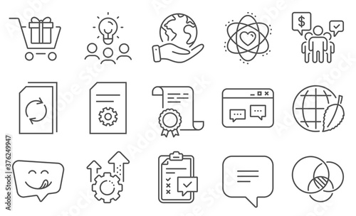 Set of Technology icons, such as Browser window, File settings. Diploma, ideas, save planet. Text message, Teamwork, Shopping cart. Seo gear, Euler diagram, Update document. Vector
