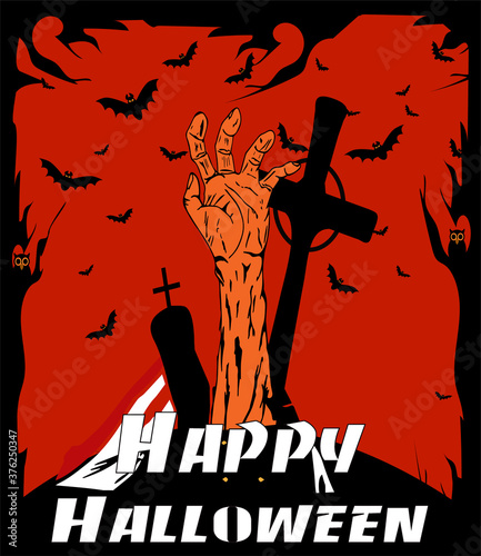 Halloween background cartoon with scary hand and grave yard, red and black color