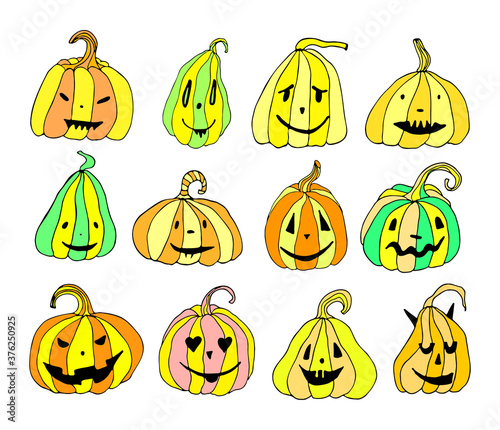 Halloween card with yellow green pumpkins isolated on white background. Funny doodle art. Orange Jack lanterns set. Vector illustration for card design and fall decoration.