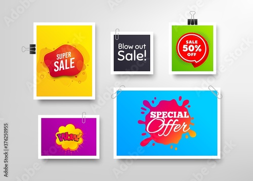 Super sale  50  discounts and Special offer. Frames with promotional banners. Discount banner with speech bubble. Shop now badge. Photo frames and sale offers. Vector