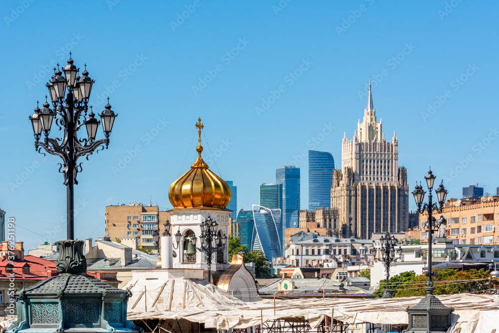 Moscow cityscape with Ministry of Foreign Affairs and International Business Center at background, Russia