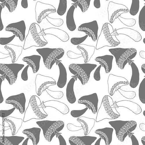 seamless pattern in monochrome colors, mushrooms with ornaments, children's drawing, background for wallpaper and fabric, scrapbooking paper