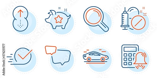 Car, Swipe up and Checkbox signs. Calculator alarm, Research and Loyalty points line icons set. Medical drugs, Speech bubble symbols. Accounting, Magnifying glass. Business set. Vector