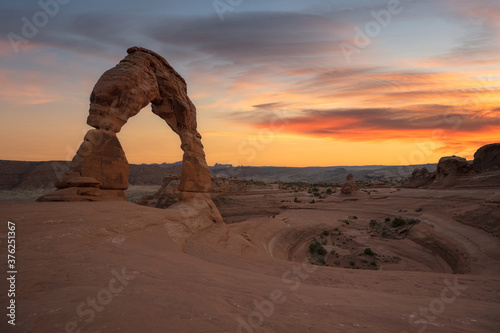 Colorful sunset at Delicate Arch in Moab Utah