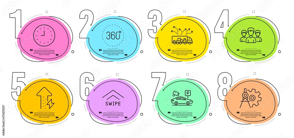 Cogwheel dividers, Swipe up and Group signs. Timeline steps infographic. Energy growing, Truck delivery and 360 degrees line icons set. Parking security, Clock symbols. Power usage, Logistics. Vector Cogwheel dividers, Swipe up and Group signs. Timeline steps infographic. Energy growing, Truck delivery and 360 degrees line icons set. Parking security, Clock symbols. Power usage, Logistics. Vector