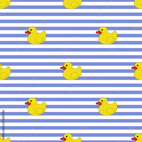 A seamless pattern with rubber ducks on blue stripes background.