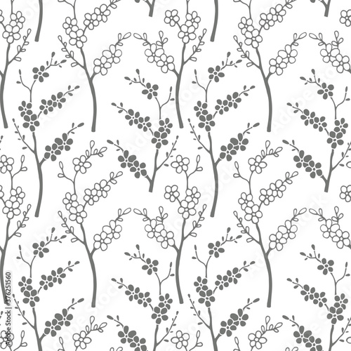 seamless pattern in monochrome color, silhouette of a sakura branch, ornament for wallpaper and fabric, paper for scrapbooking