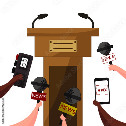 Press conference concept. Hands holding microphones and empty tribune.