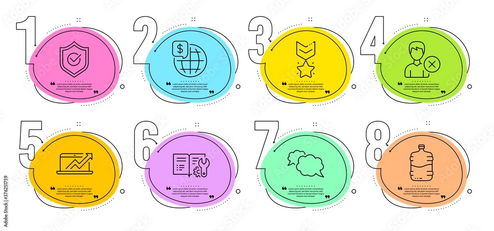 Engineering documentation, Cooler bottle and Sales diagram signs. Timeline steps infographic. World money, Approved shield and Remove account line icons set. Messenger, Winner medal symbols. Vector Engineering documentation, Cooler bottle and Sales diagram signs. Timeline steps infographic. World money, Approved shield and Remove account line icons set. Messenger, Winner medal symbols. Vector