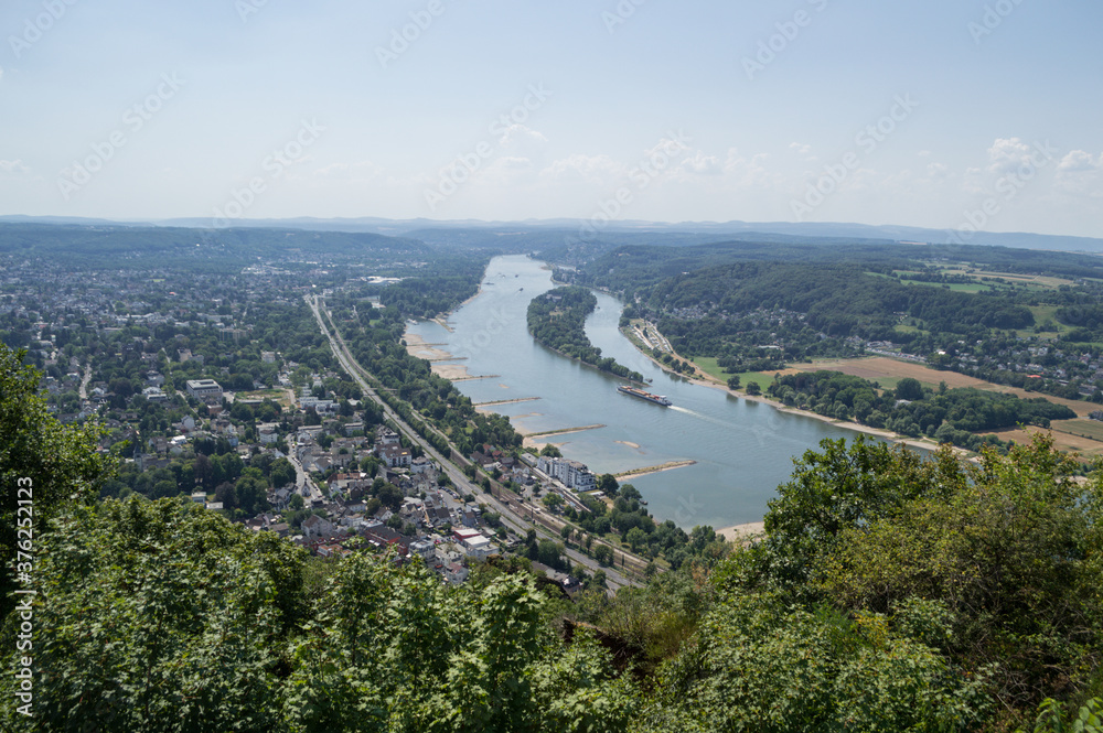 Rhine Valley, Nonnenwerth Island, and River with Barge as Seen from Drachenfels near Bonn, Germany