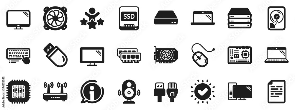 Motherboard, CPU, Internet cables icons. Computer components, Laptop, SSD icons. Wifi router, computer monitor, Graphic card. Keyboard, SSD device. Internet cables, laptop components. Vector