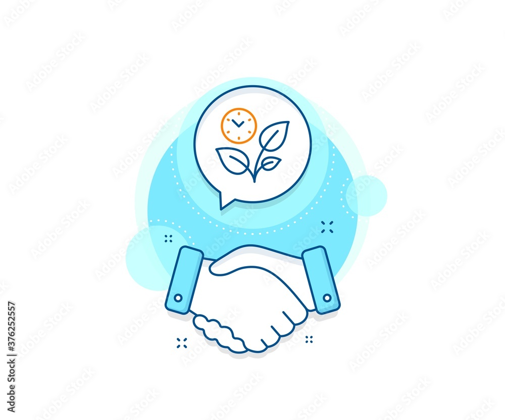 Obraz premium Grow plant leaf sign. Handshake deal complex icon. Leaves line icon. Environmental care symbol. Agreement shaking hands banner. Leaves sign. Vector