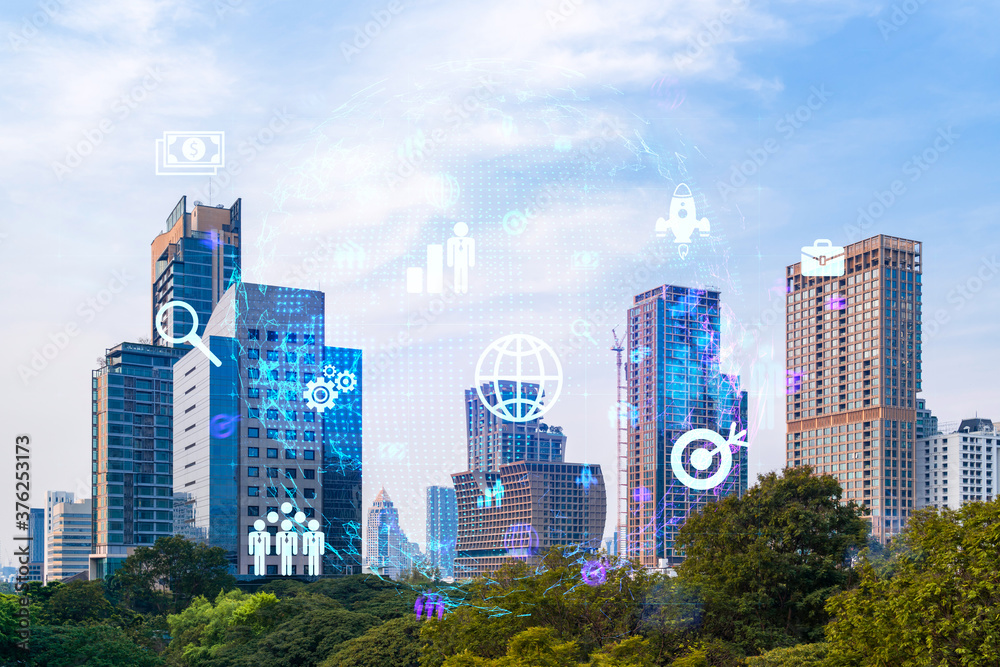 Obraz premium Social media icons hologram over panorama city view of Bangkok, Asia. The concept of people networking and connections. Double exposure.