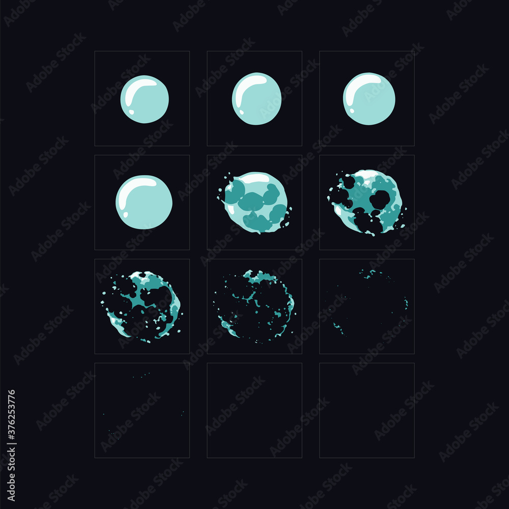 Cartoon bubble burst animation. Water bubble blast explosion effect sprites  for cartoon, animation or game. Stock Vector | Adobe Stock