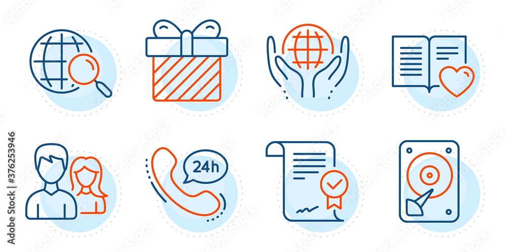 Hdd, Couple and Web search signs. Surprise, 24h service and Approved agreement line icons set. Love book, Organic tested symbols. Present with bow, Call support. Business set. Vector