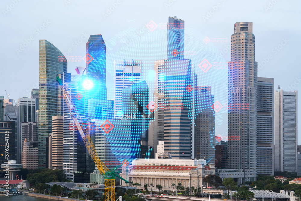 Obraz premium World planet Earth map hologram over panorama city view of Singapore, Asia. The concept of international connections and business. Multi Exposure.