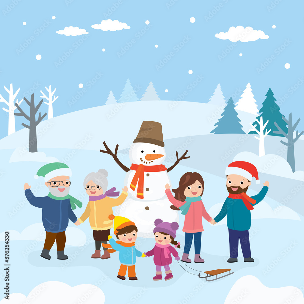 Cartoon happy family standing near big snowman. Elderly people, parents and children spending time in park. Cartoon happy family standing near big snowman. Elderly people, parents and children spending time in park.