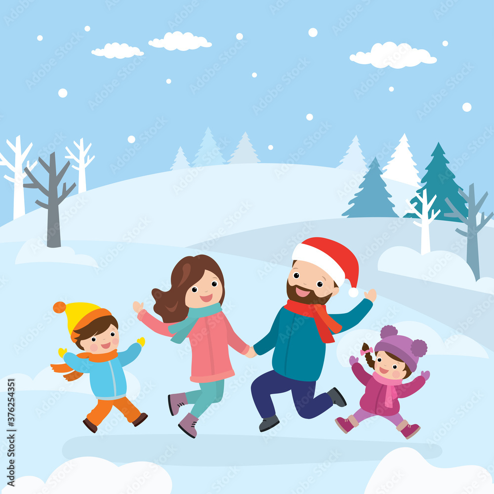 Cartoon happy family in jump. Winter landscape and four caucasian characters. Parents and children outdoor. Cartoon happy family in jump. Winter landscape and four caucasian characters. Parents and children outdoor.