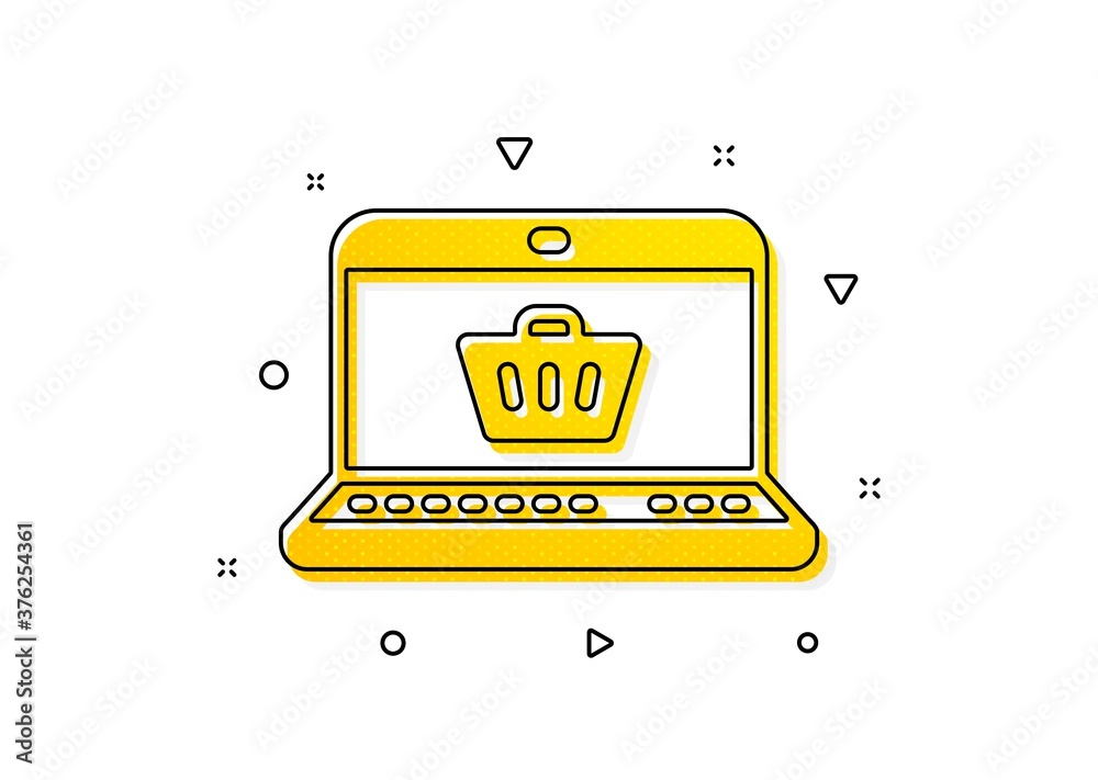 Laptop sign. Online Shopping cart icon. Supermarket basket symbol. Yellow circles pattern. Classic online shopping icon. Geometric elements. Vector Laptop sign. Online Shopping cart icon. Supermarket basket symbol. Yellow circles pattern. Classic online shopping icon. Geometric elements. Vector