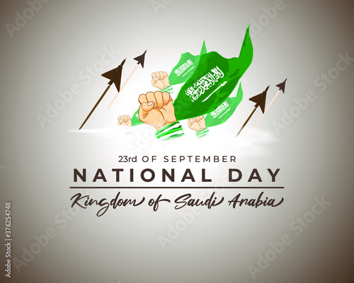 Vector illustration of Saudi Arabia national day, 23rd september, saudi arabia flag, freedom hand, soldier with rifle and helmet and airforce craft.