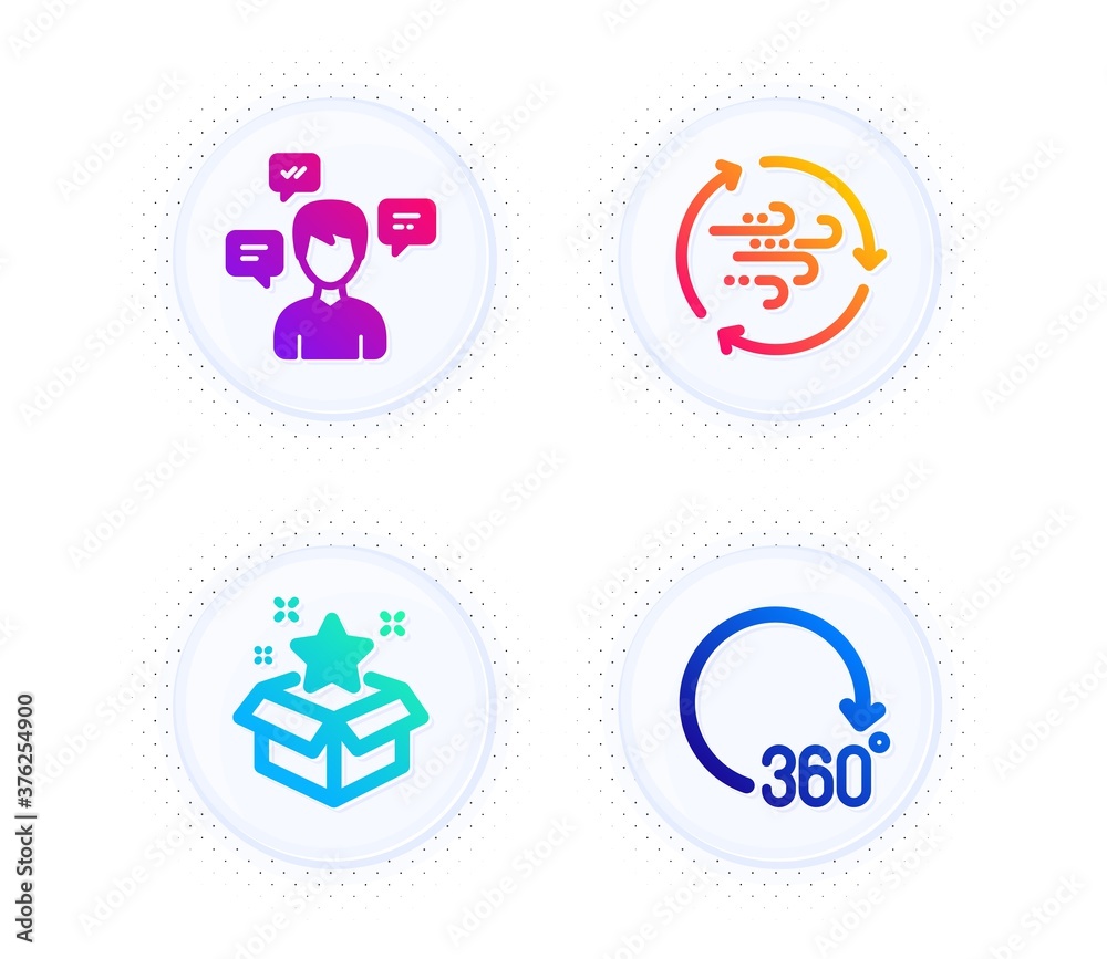 Wind energy, Loyalty program and Conversation messages icons simple set. Button with halftone dots. 360 degrees sign. Breeze power, Bonus star, Communication. Full rotation. Business set. Vector