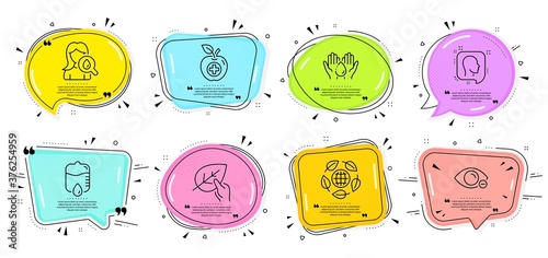 Moisturizing cream, Drop counter and Eco organic signs. Speech bubbles with quotes. Wash hands, Medical food and Head line icons set. Organic tested, Myopia symbols. Skin care, Apple. Vector