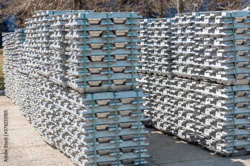 View of the aluminum ingots (billets) in the plant. Aluminium is remarkable for its low density and its ability to resist corrosion through the phenomenon of passivation. photo