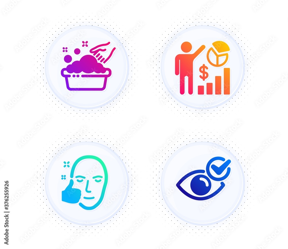 Seo statistics, Healthy face and Hand washing icons simple set. Button with halftone dots. Check eye sign. Analytics chart, Healthy cosmetics, Laundry basin. Vision. People set. Vector