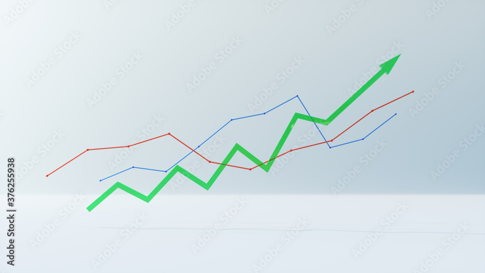 3d render of financial data rising graph growing, chart business growth on white Background,front view, Blue red and green