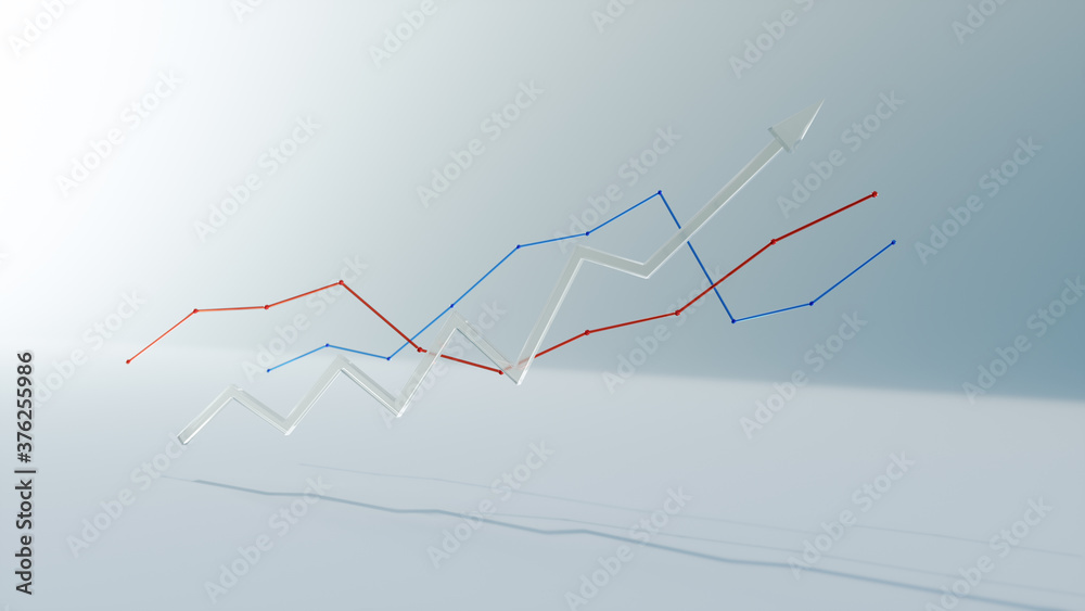 Obraz premium 3d render of financial data rising graph growing, chart business growth on white Background,side view, Blue red