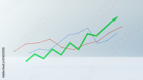 3d render of financial data rising graph growing, chart business growth on white Background,front view, Blue red and green