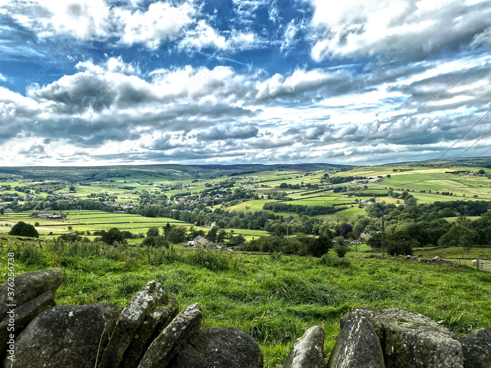 Landscape, with fields, meadows, hills and valleys near, Oxenhope, Keighley, UK