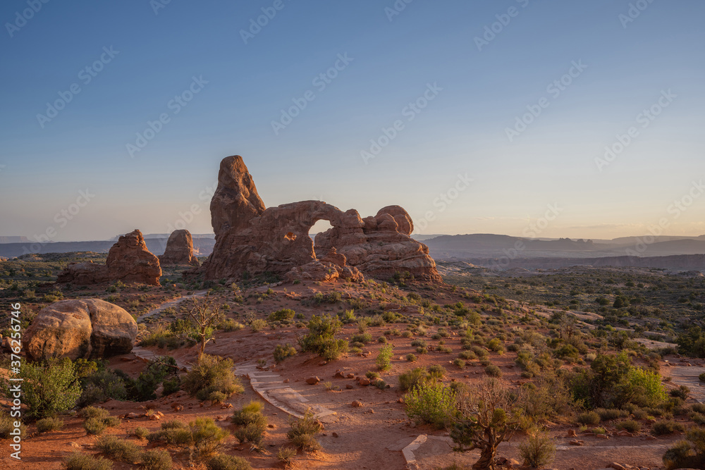 Path to Turret Arch at sunset in Arches National Park