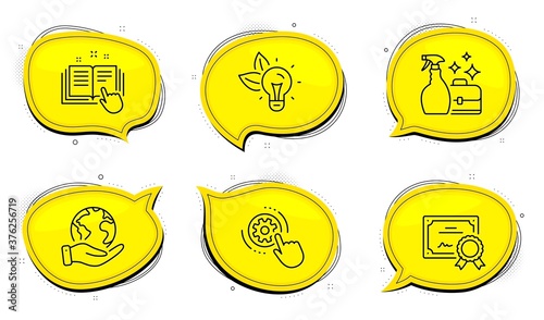 Technical documentation sign. Diploma certificate, save planet chat bubbles. Cogwheel settings, Eco energy and Cleanser spray line icons set. Engineering tool, Lightbulb, Washing liquid. Vector