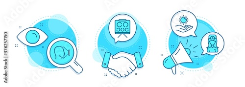 Sun protection, Face id and Vision board line icons set. Handshake deal, research and promotion complex icons. Oculist doctor sign. Ultraviolet care, Identification system, Eye check. Vector