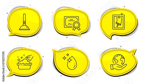 Hand washing sign. Diploma certificate, save planet chat bubbles. Water drop, Plunger and Window cleaning line icons set. Crystal aqua, Clogged pipes cleaner, Housekeeping service. Vector