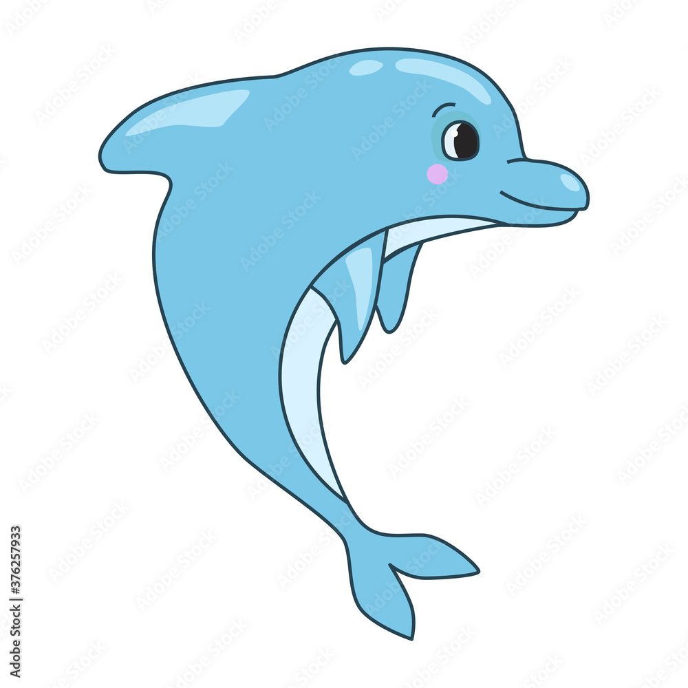 Vector cartoon illustration of a funny dolphin jumping fun on a white background.