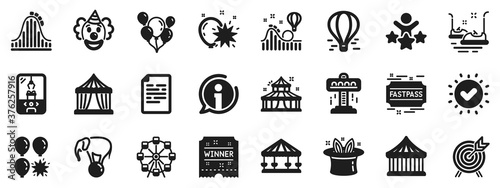 Set of Carousel, Roller coaster and Circus icons. Amusement park icons. Air balloon, Crane claw machine and Fastpass symbols. Circus amusement park tickets. Ferris wheel carousel. Vector