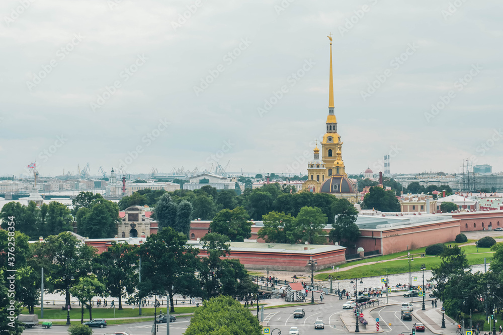 Rooftop view of the city of Saint Petersburg in Russia. Peter-Pavel's Fortress. 