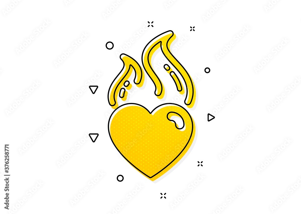 Love fire emotion sign. Heart flame icon. Valentine day symbol. Yellow circles pattern. Classic heart flame icon. Geometric elements. Vector Love fire emotion sign. Heart flame icon. Valentine day symbol. Yellow circles pattern. Classic heart flame icon. Geometric elements. Vector