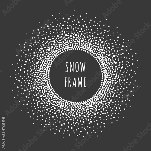 Circle shape round snow frame. Winter template made of spots, uneven dots, dot snowflakes, beads, splashes, spray. New Year, Christmas black and white abstract background with empty space for text.