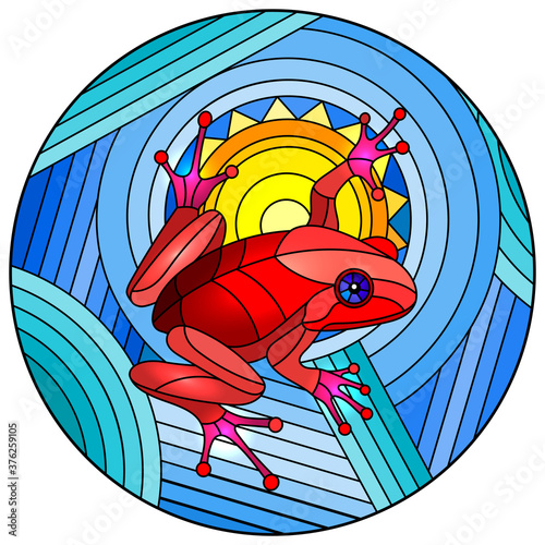 Illustration in stained glass style with abstract red frog on geometric blue background with sun, round image