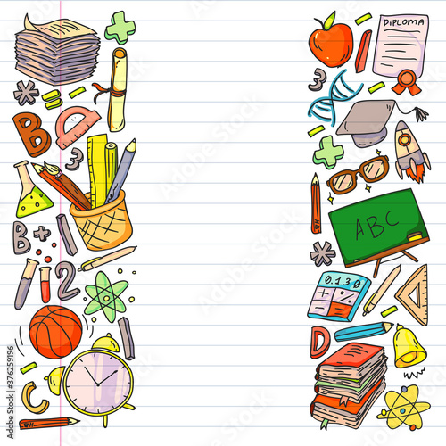 Back to School vector doodle set. Supplies for sport, art, reading, science, geography, biology, physics, mathematics, astronomy, chemistry.