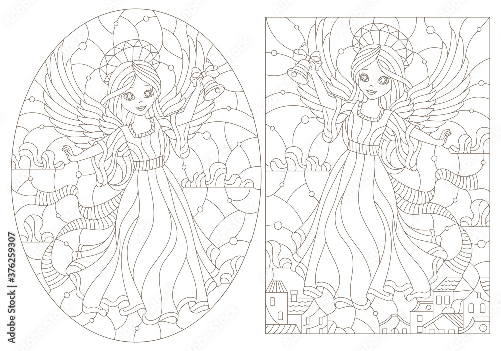 Set of contour illustrations of stained glass Windows on the theme of winter holidayswith and angel girls, dark outlines on a white background