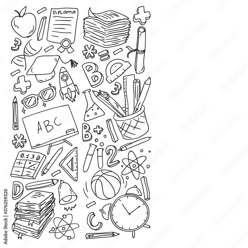 Obraz premium Back to School vector doodle set. Supplies for sport, art, reading, science, geography, biology, physics, mathematics, astronomy, chemistry.