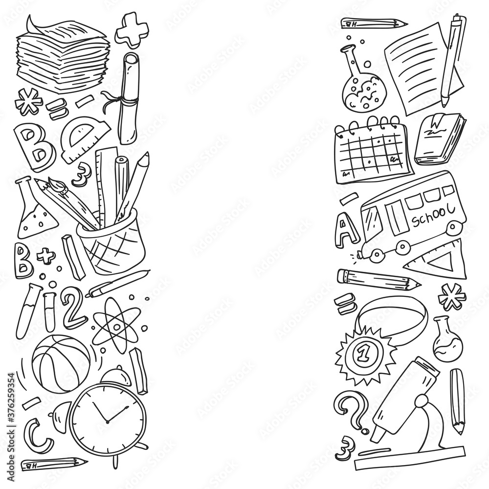 Back to School vector doodle set. Supplies for sport, art, reading, science, geography, biology, physics, mathematics, astronomy, chemistry.