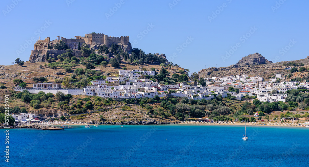 Sightseeing of Greece. Lindos village and Lindos castle, Rhodes island, Dodecanese, Greece