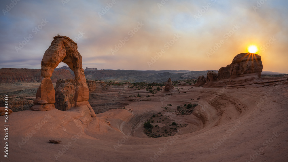 Delicate Arch sunset panorama in Arches National Park