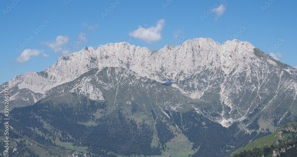 Wonderful landscape at Presolana mountain range with a blue sky in summer. Orobie. Italian alps, Bergamo, Italy