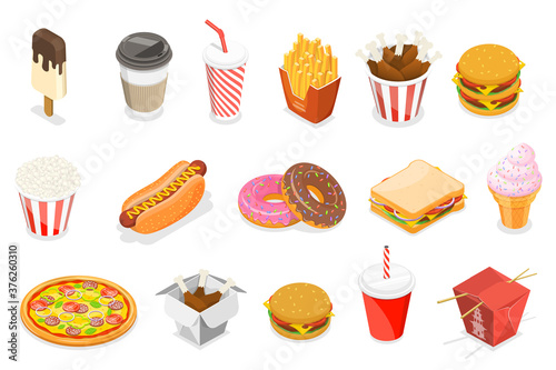 3D Isometric Flat Vector Icon Set as Hot Dog, Donut, Ice Cream, Pizza, French Fries, Coffee, Soda, Chicken Bucket, Sandwich, Asian Food.